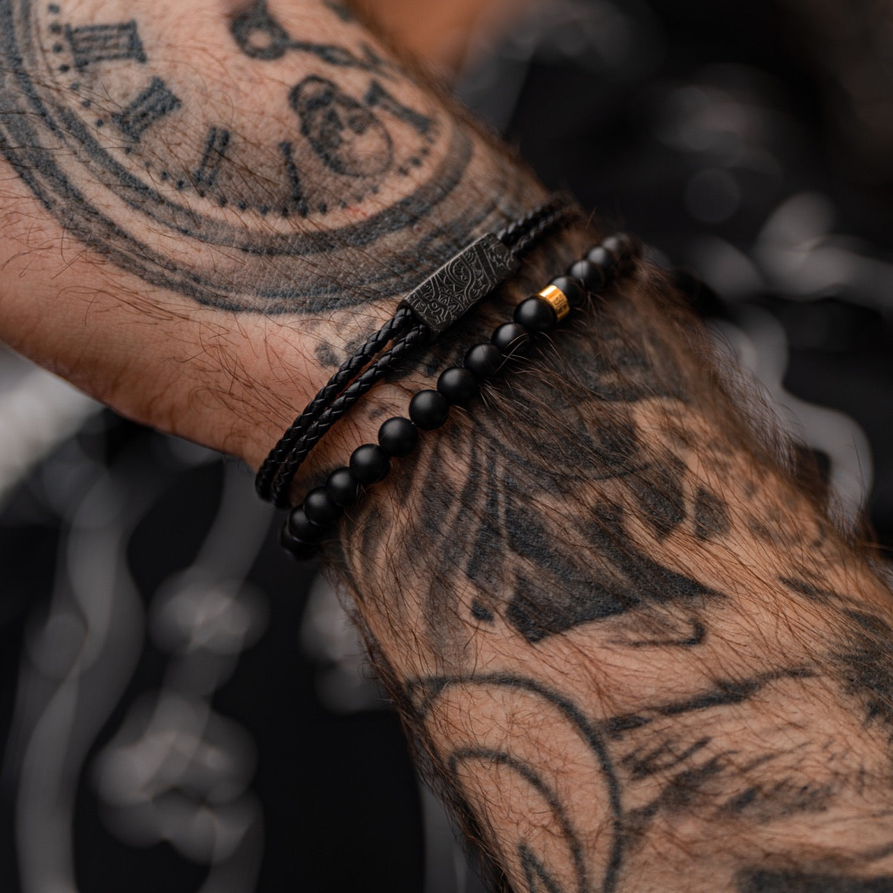 mens 6mm black and gold beaded stone bracelet with etch leather bracelet