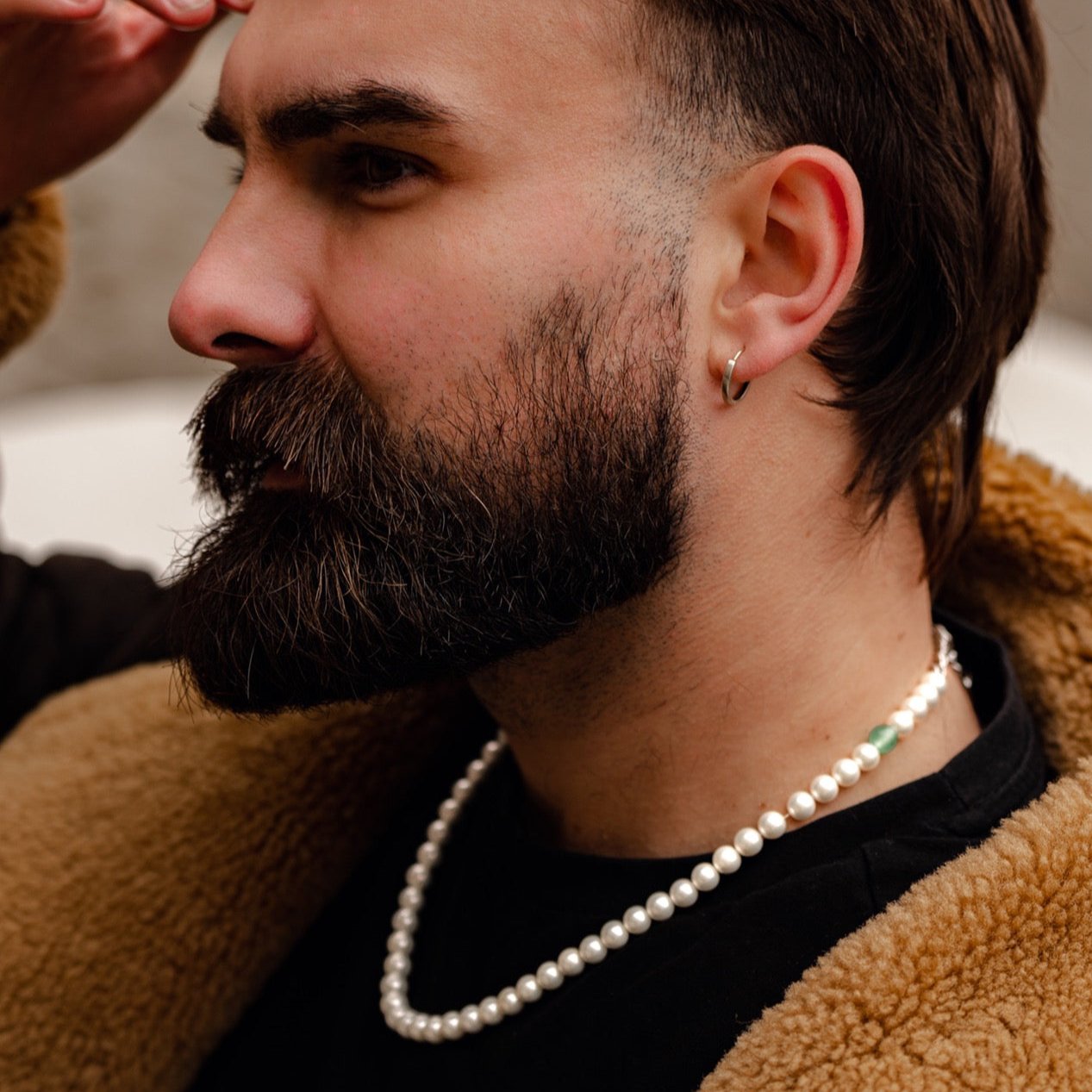 Mens 8mm pearl necklace with green aventurine beads on model