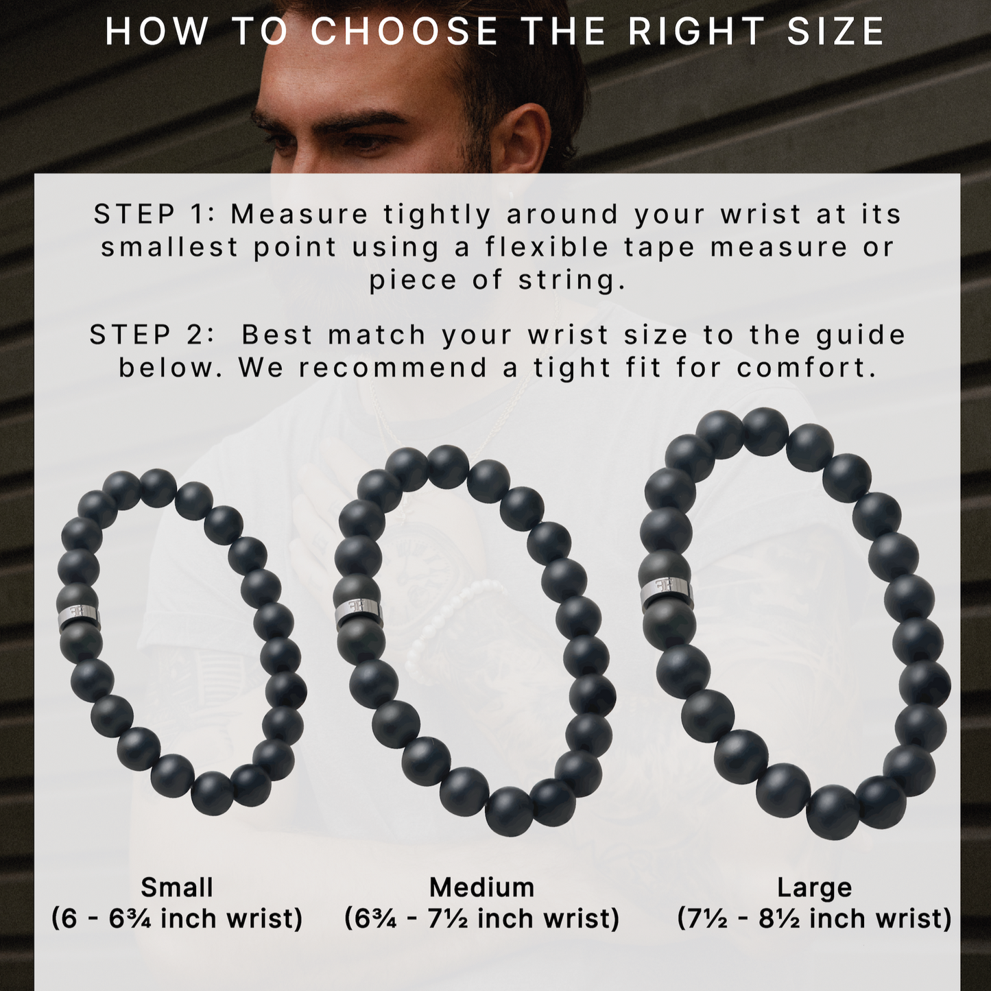 mens 8mm all black beaded stone bracelet size guide