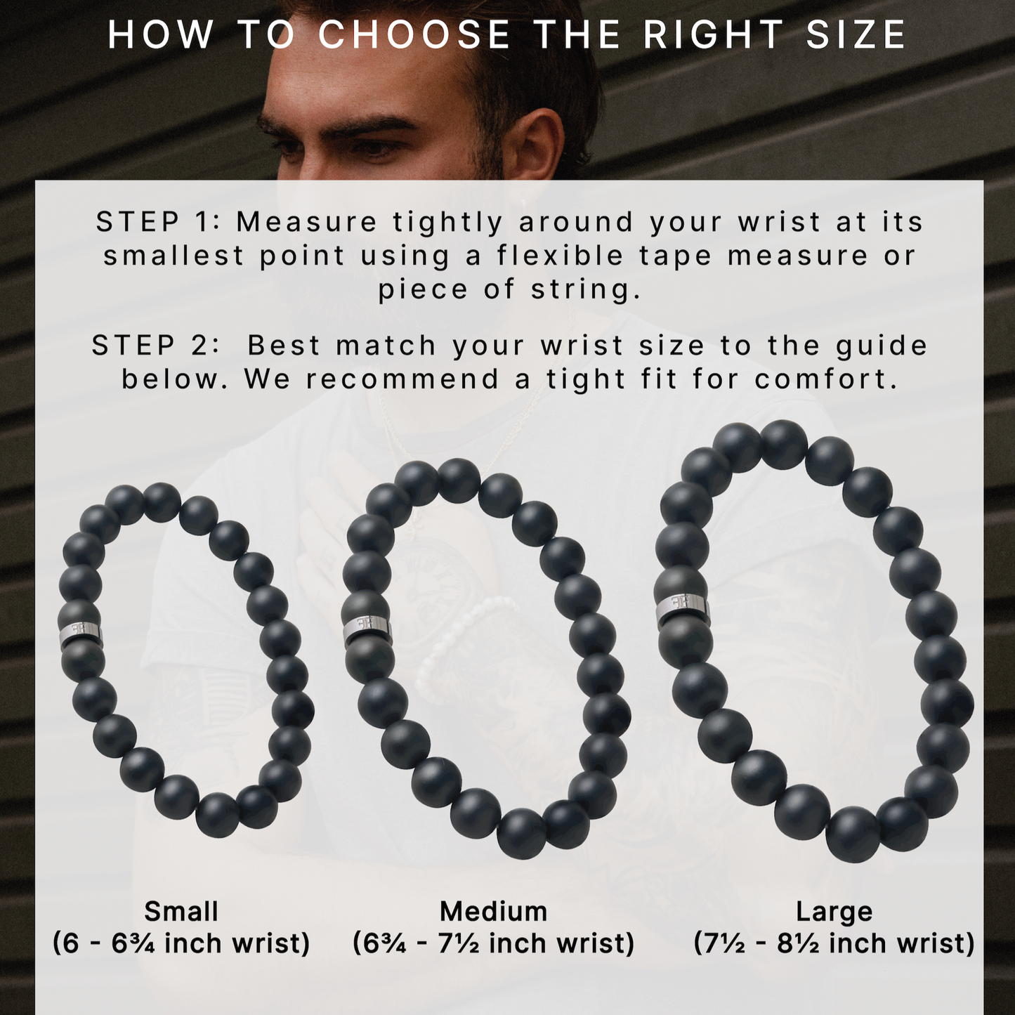 mens 8mm black and gold beaded stone bracelet size guide