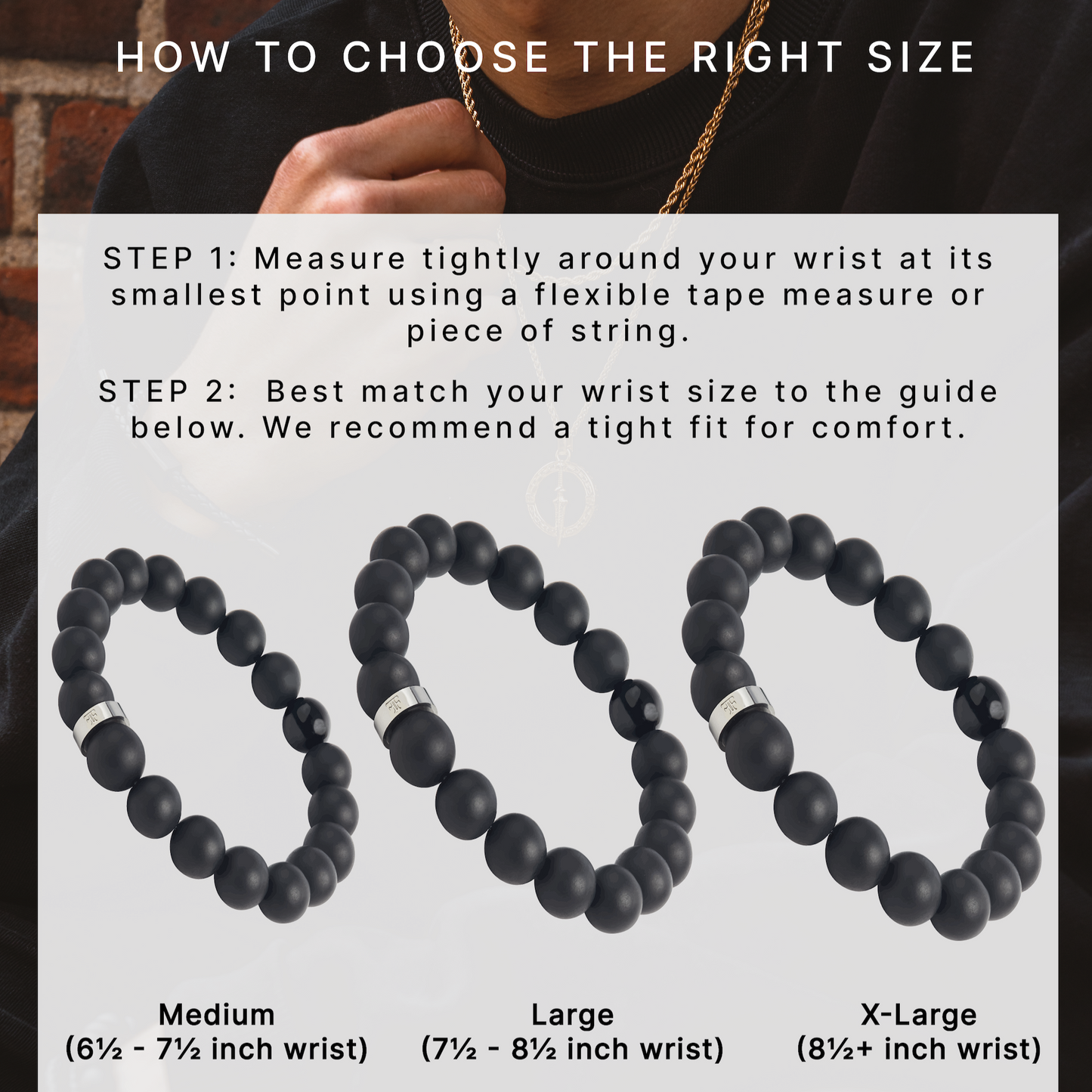 Men's 10mm black onyx beaded bracelet sizing guide