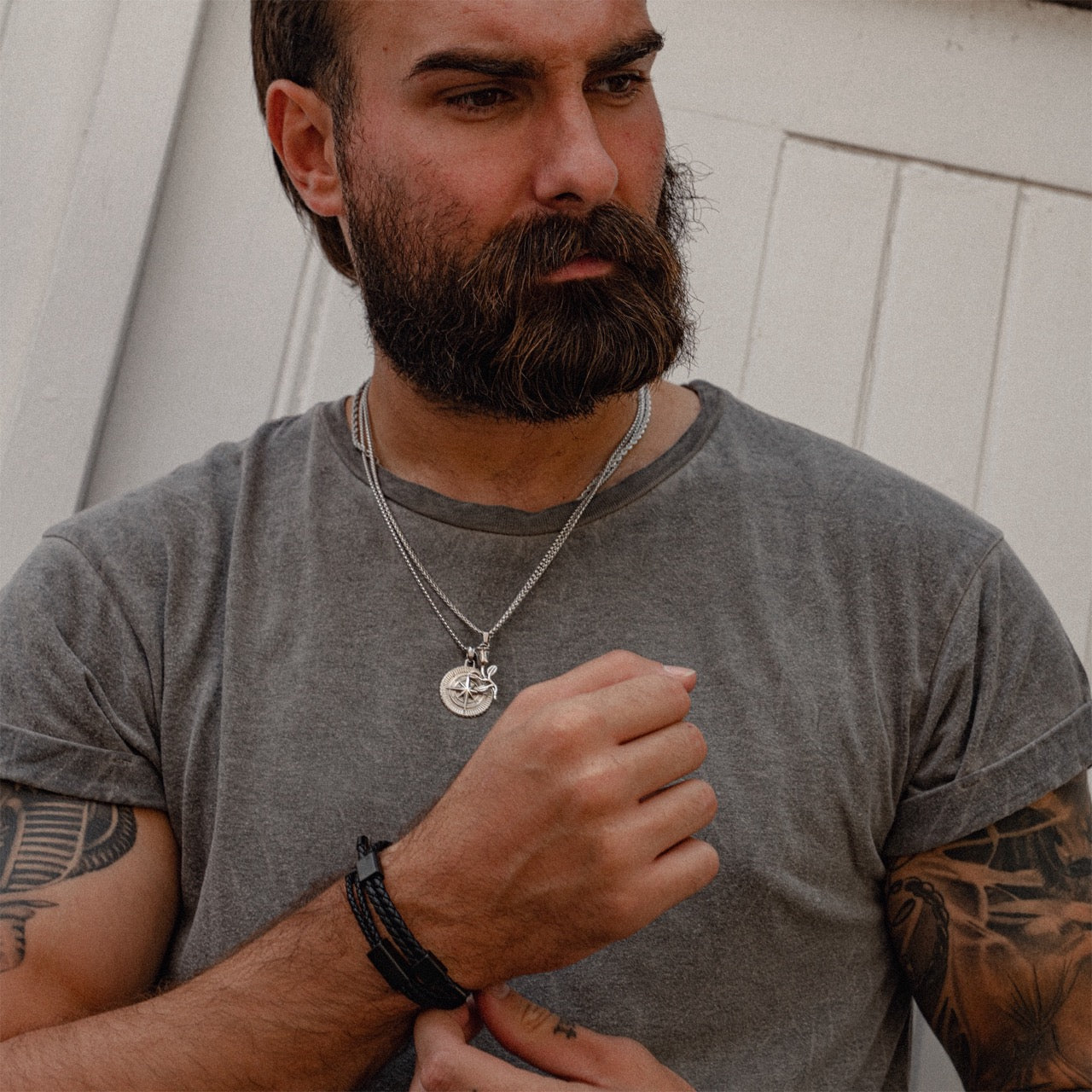 mens black adjustable leather bracelet on model