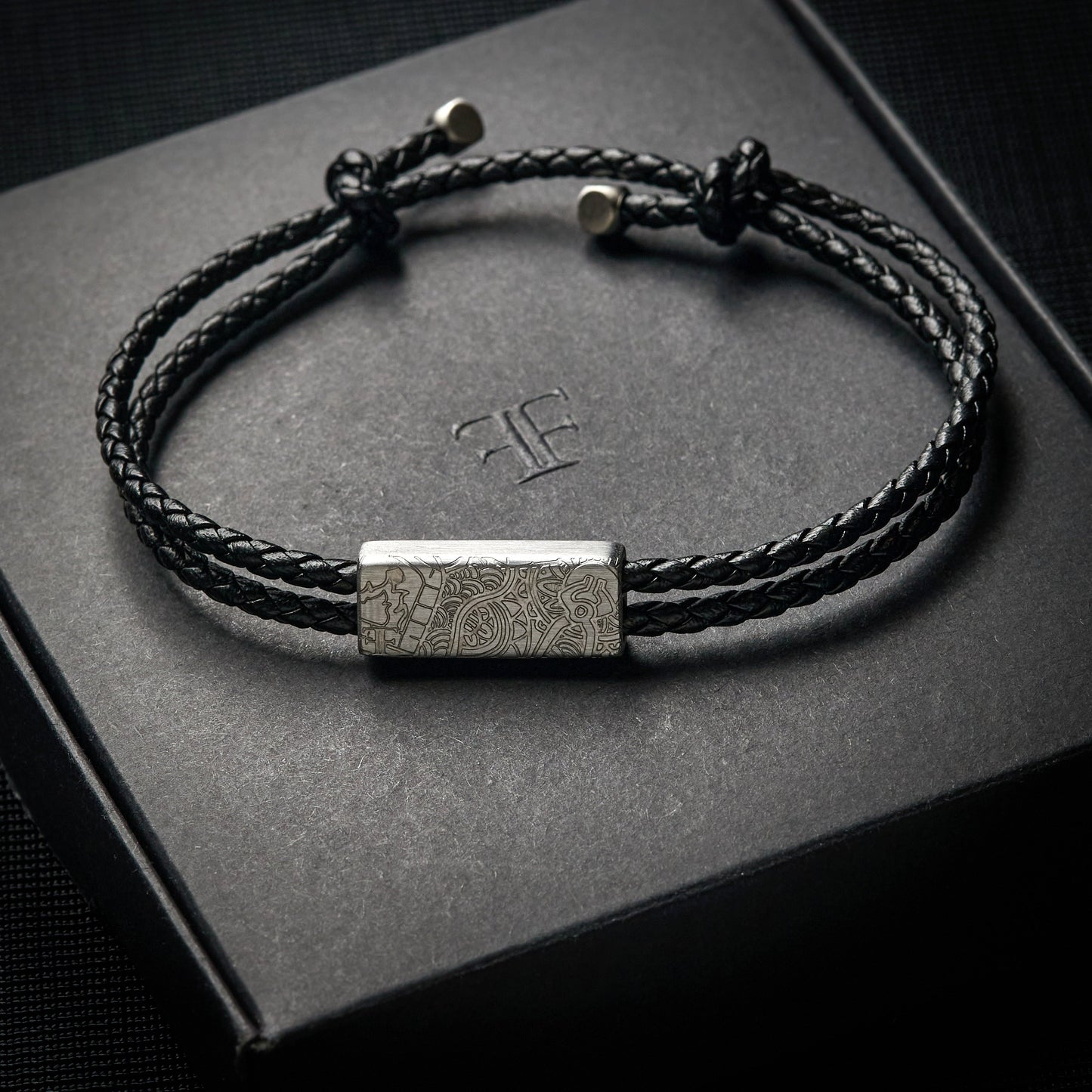 Men's minimalist etch leather bracelet and mm onyx bead bracelet