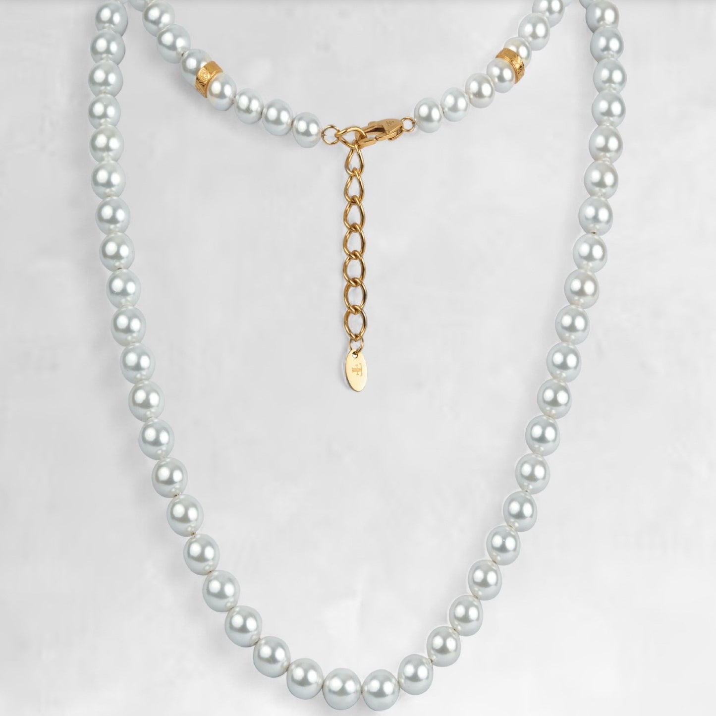 mens 8mm pearl necklace with gold accents