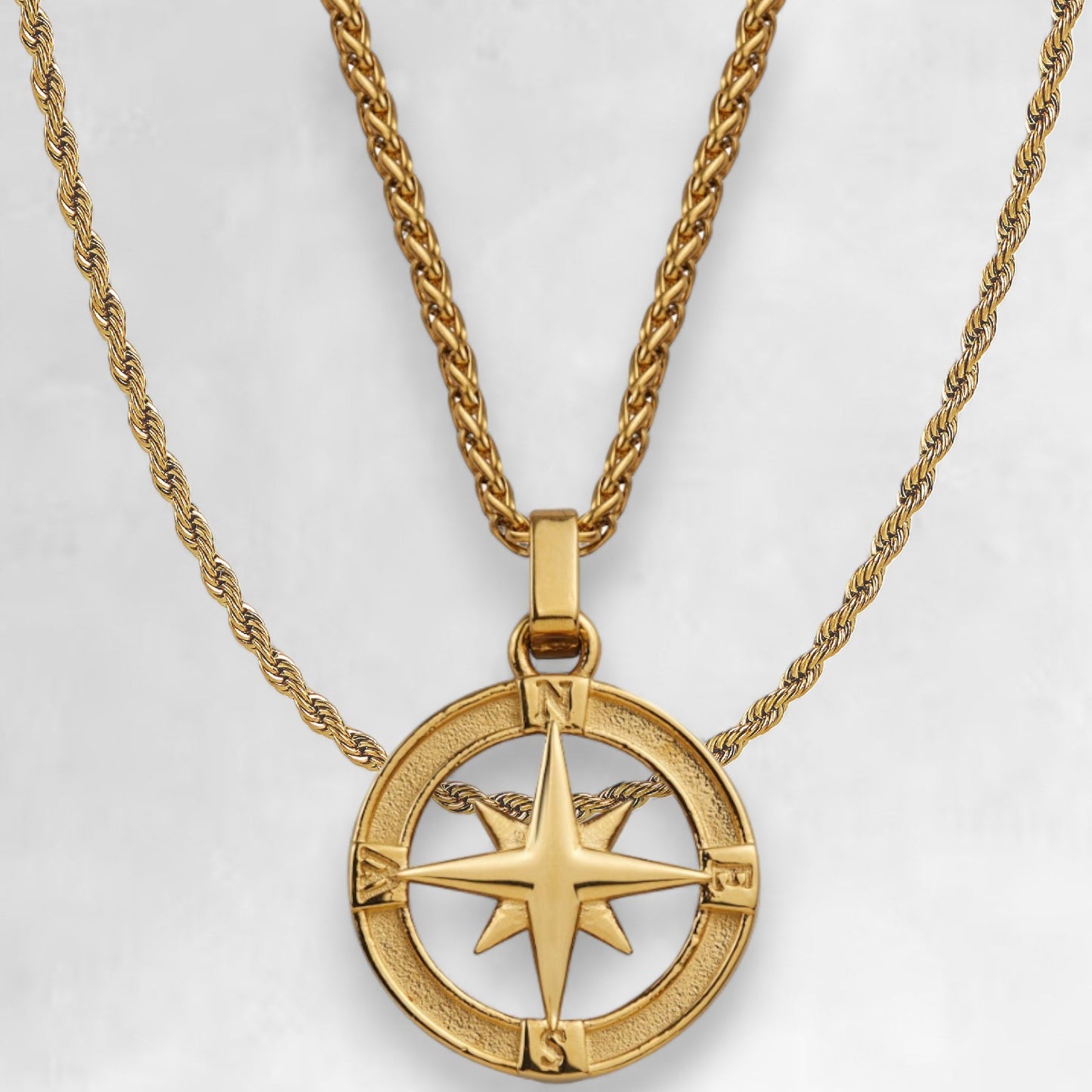 Men's gold North Star pendant and rope layering chain set