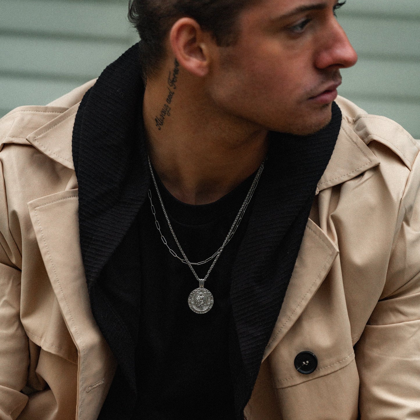 Men's silver paperclip layering necklace chain on model