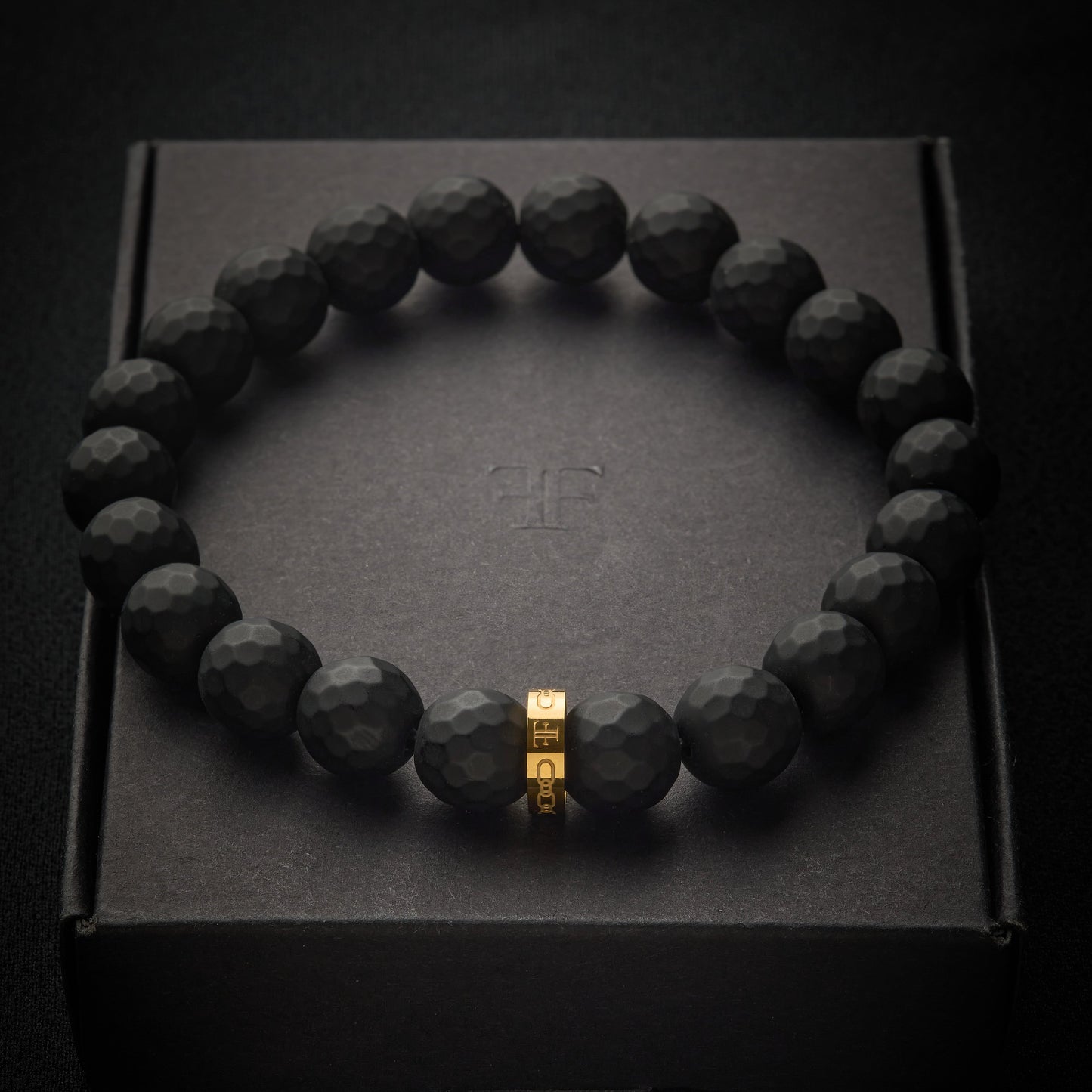 Men's Black Onyx Stone Bracelet with gold bead - packaging