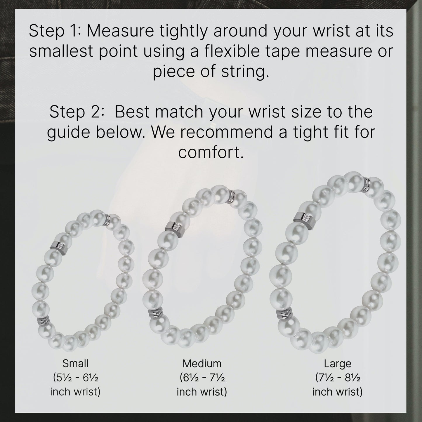 Mens' 8mm shell pearl bracelet with silver accent beads size guide