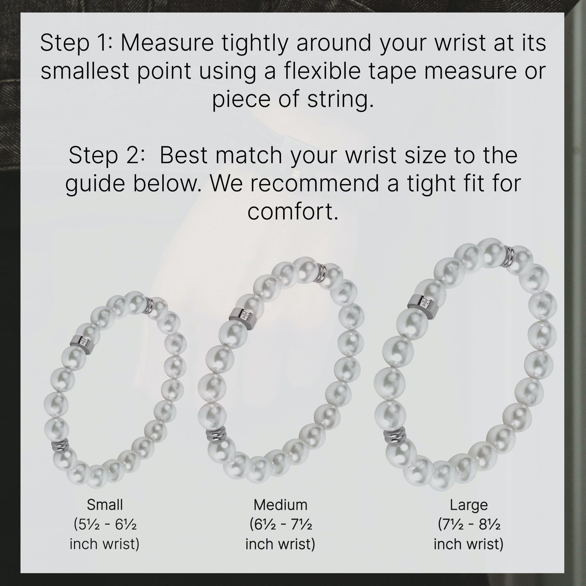 Mens' 8mm shell pearl bracelet with silver accent beads size guide