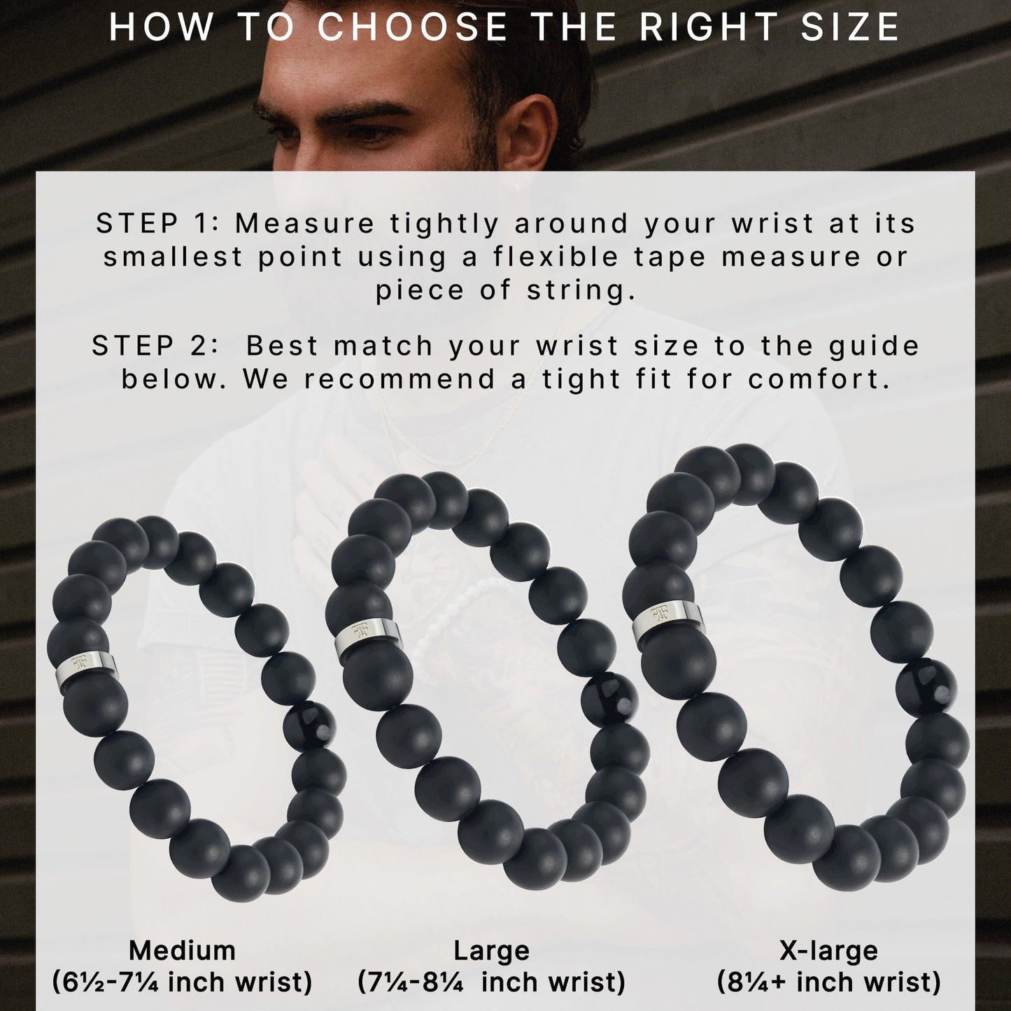 Men's 10mm onyx bead bracelet sizing guide