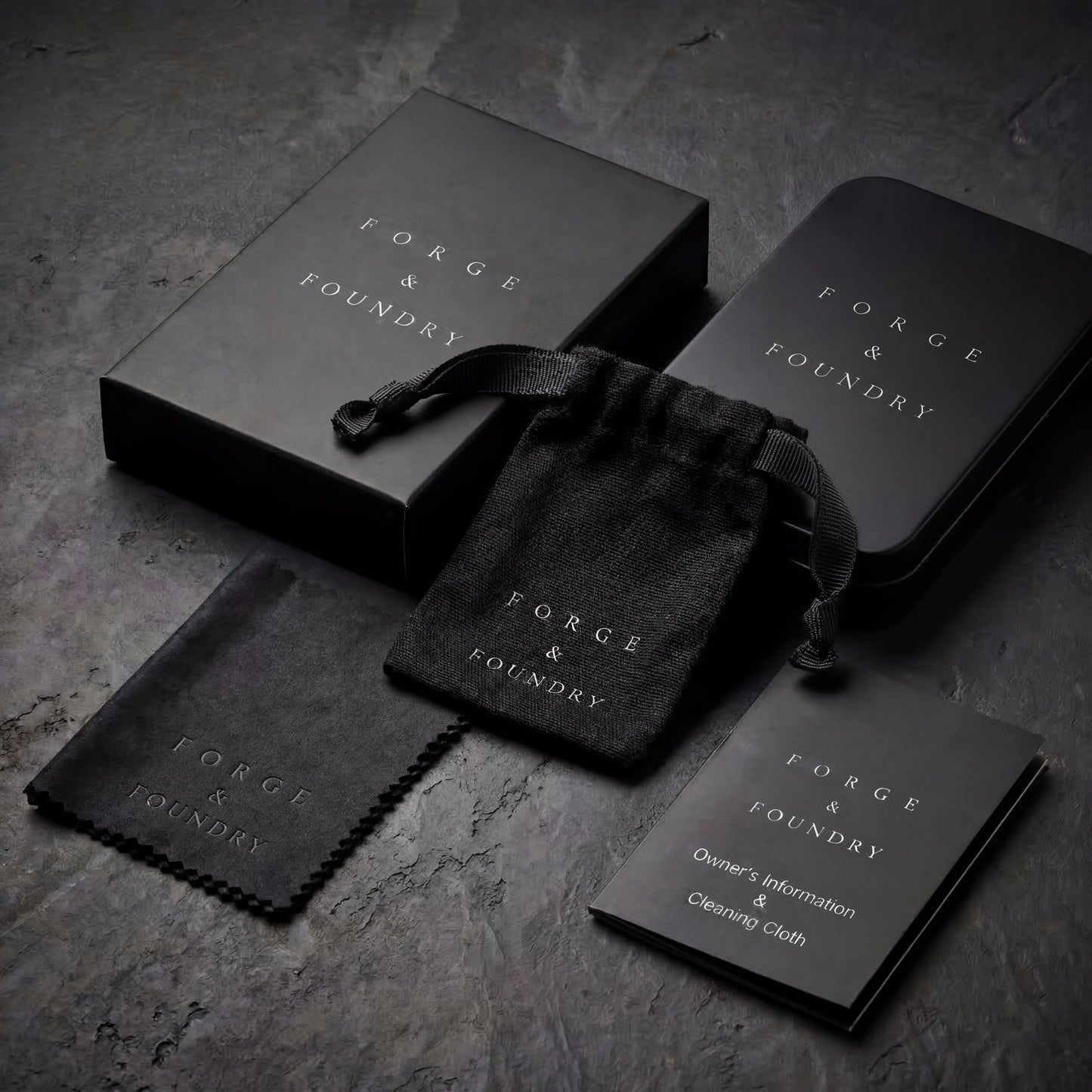 Forge & Foundry product packaging set on a dark surface