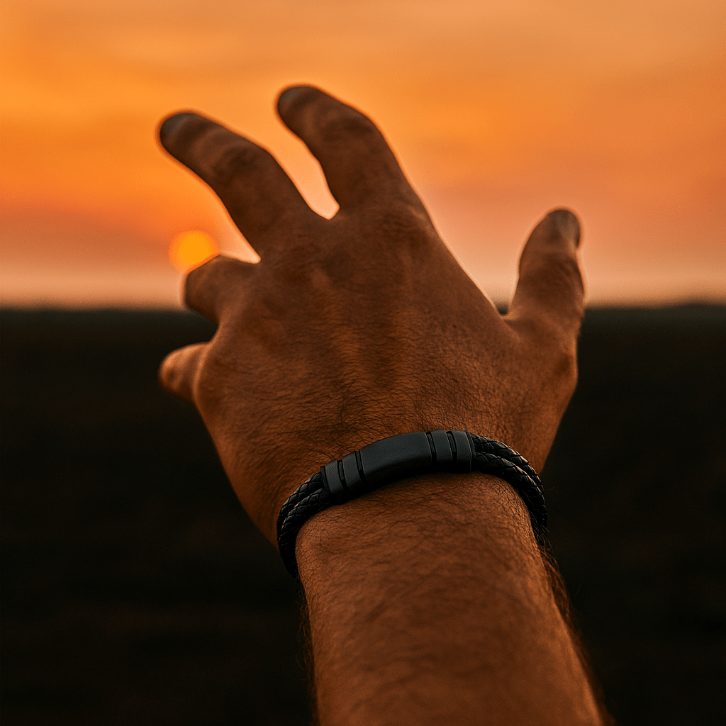 Men's double-wrap black leather bracelet - Navarro by Forge & Foundry, view 8