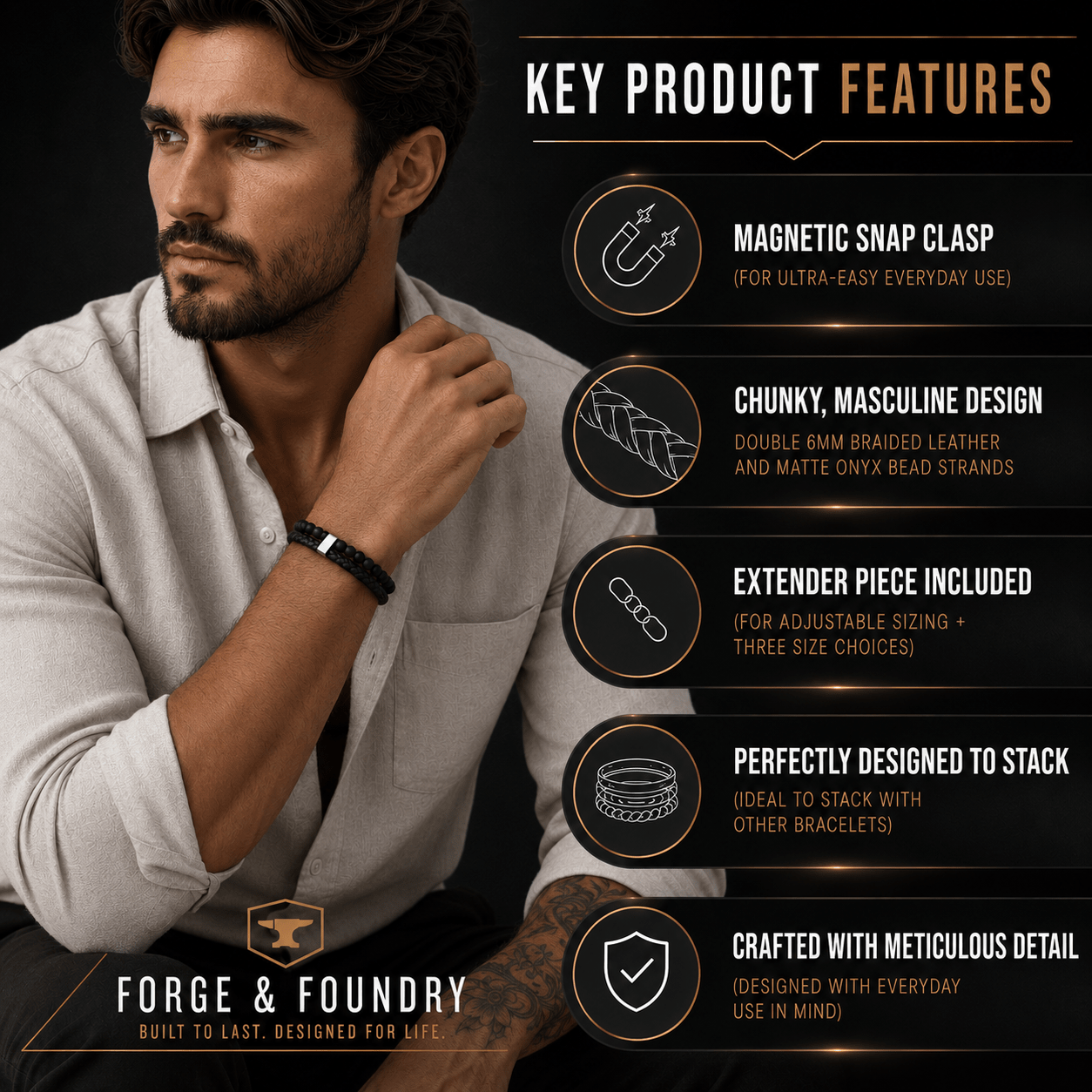 Personalised men's engraved leather and bead bracelet - Valen by Forge & Foundry, view 16
