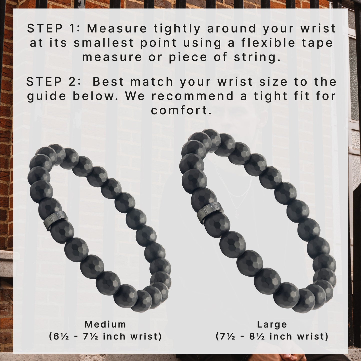 Men's faceted black onyx bead bracelet size guide