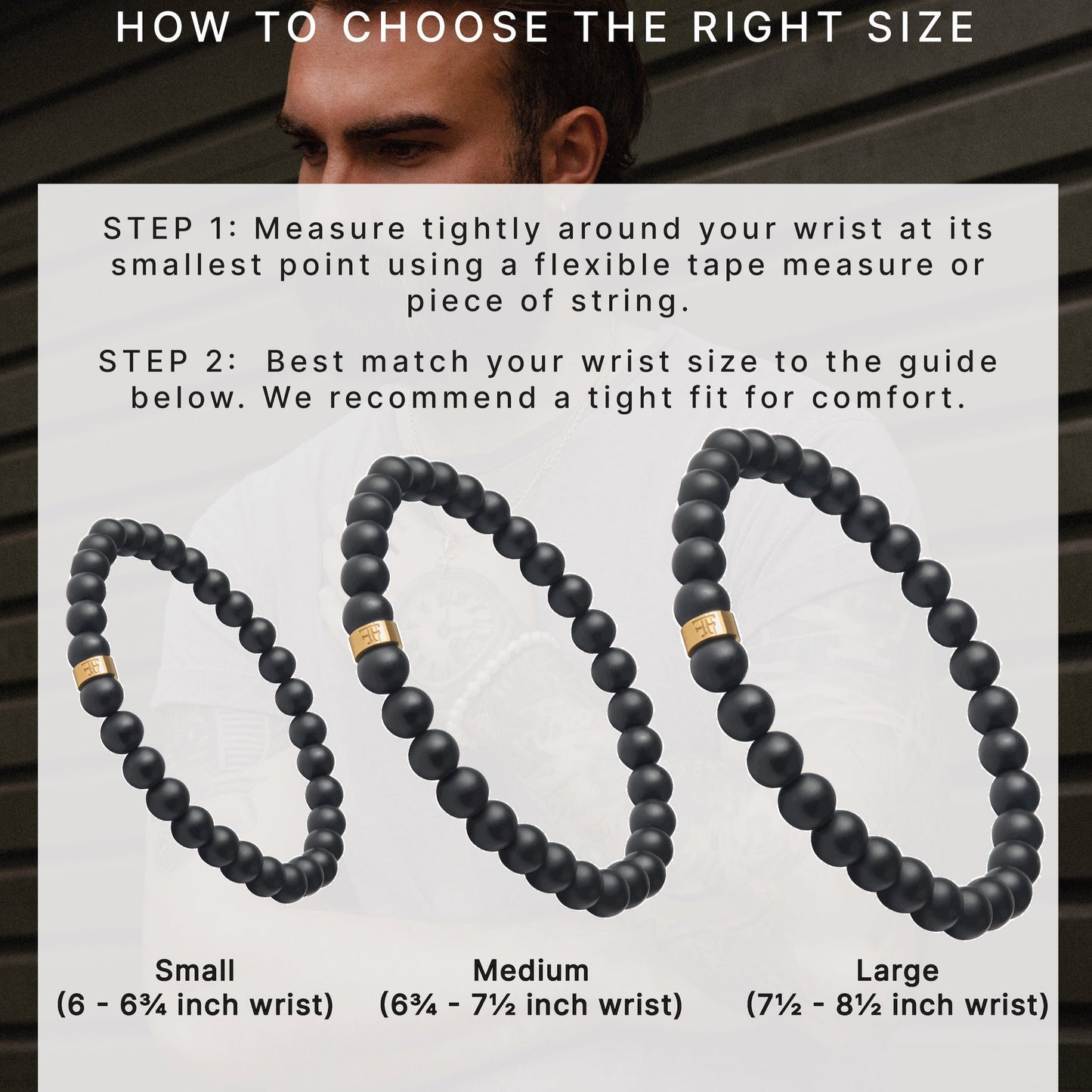 mens 6mm black and gold beaded stone bracelet size guide