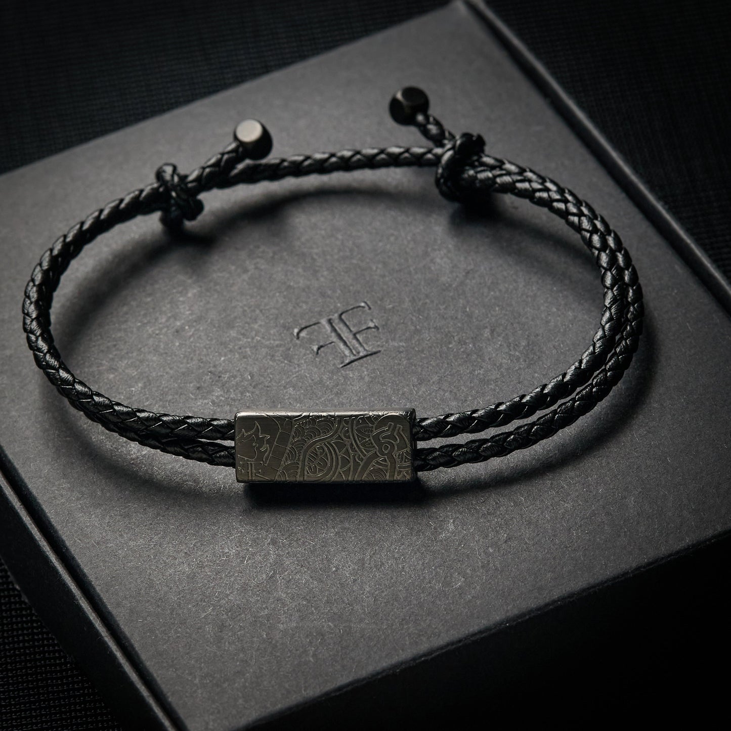 Men's black leather etch adjustable bracelet with 6mm bead bracelet