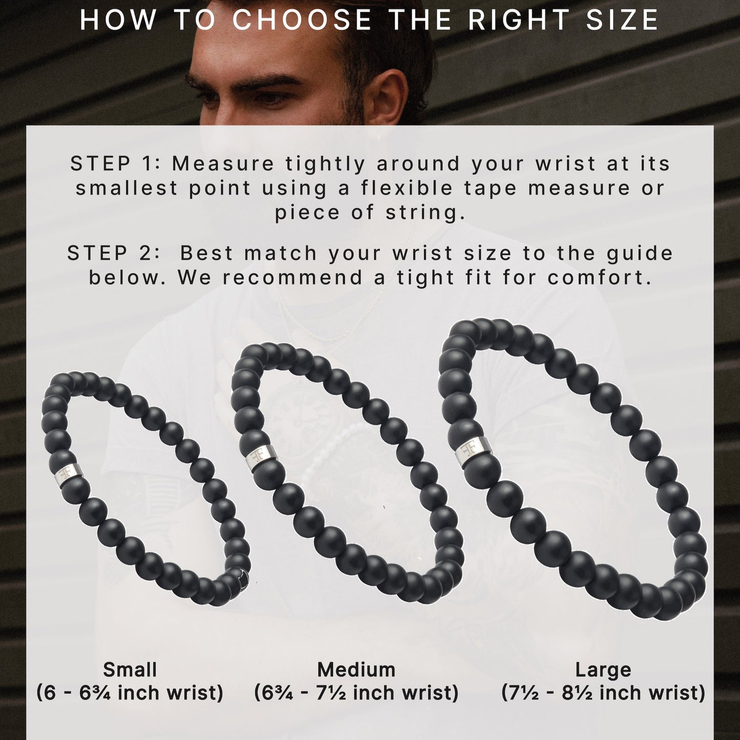 mens 6mm black and silver beaded stone bracelet size guide
