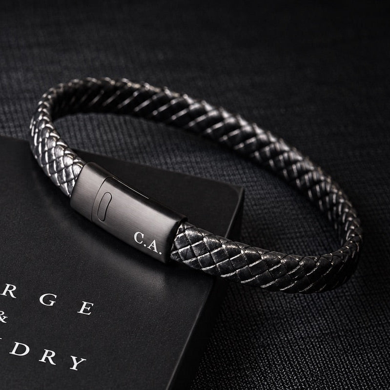 Men's black braided leather bracelet - Personalised Hanover by Forge & Foundry