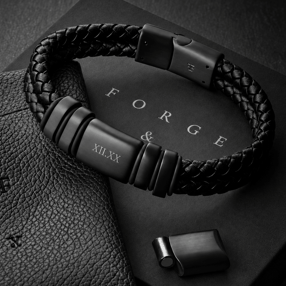 Men's black double-strand leather bracelet - Personalised Navarro by Forge & Foundry