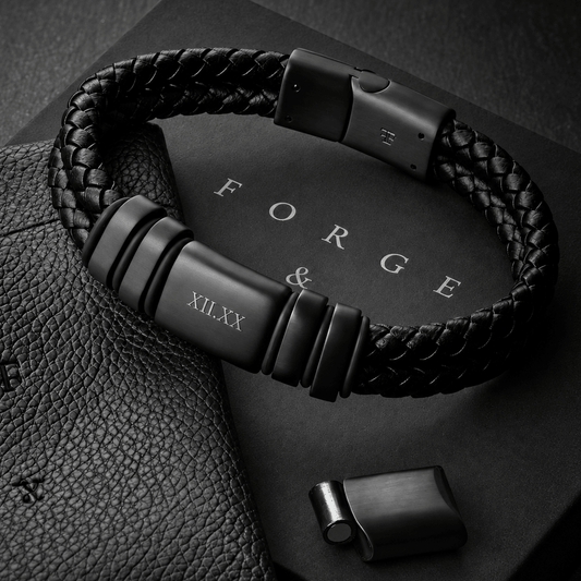 Men's black double-strand leather bracelet - Personalised Navarro by Forge & Foundry