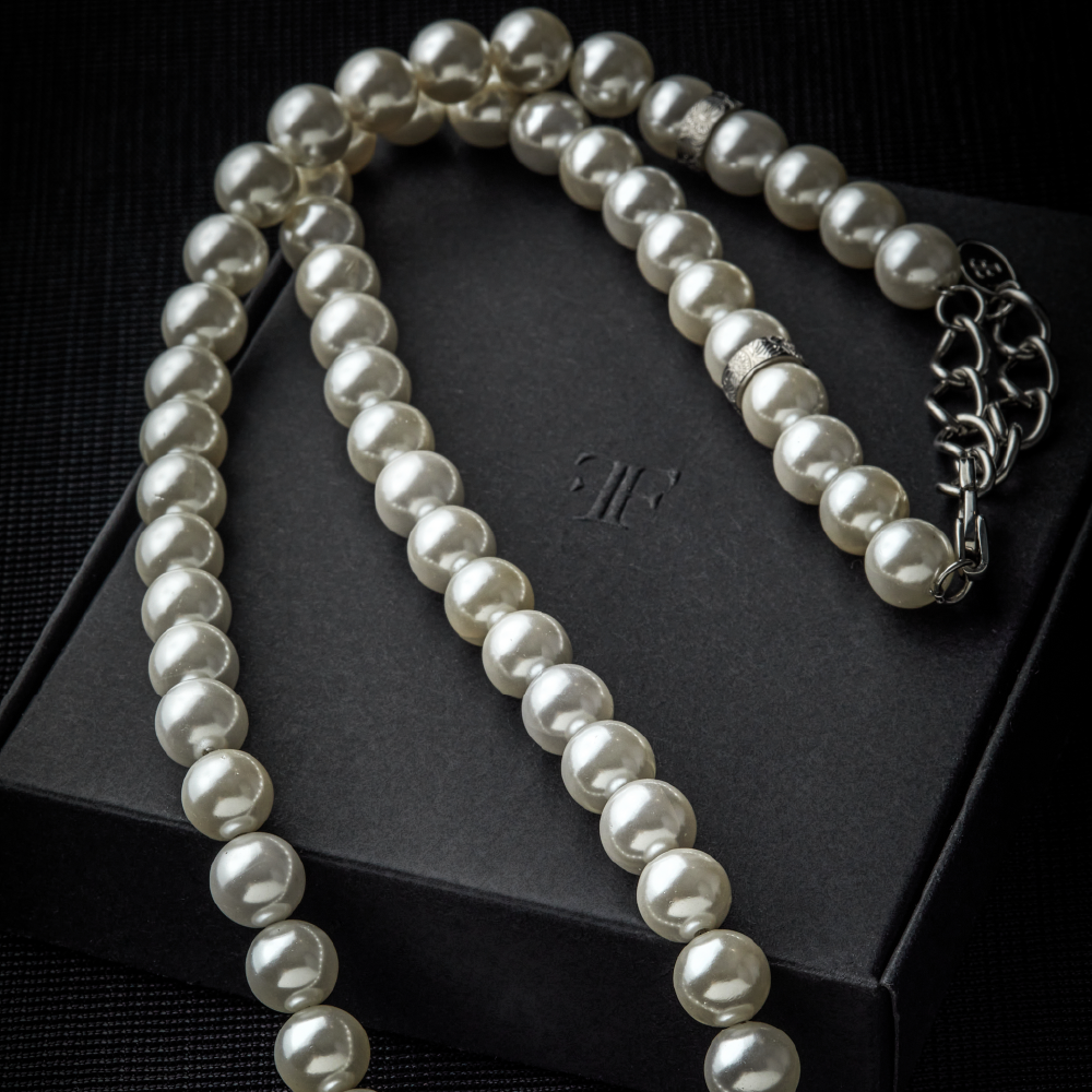 mens 8mm pearl necklace with silver accents on model