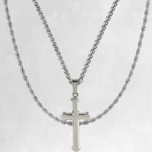 Mens silver stainless steel cross pendant with layering chain set on model