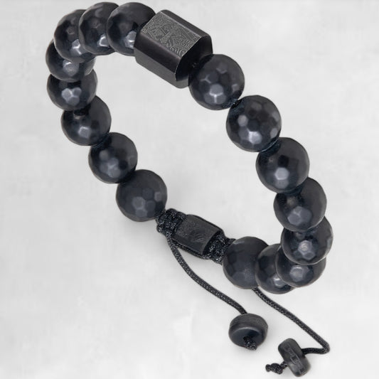 Men's black faceted adjustable onyx bead bracelet