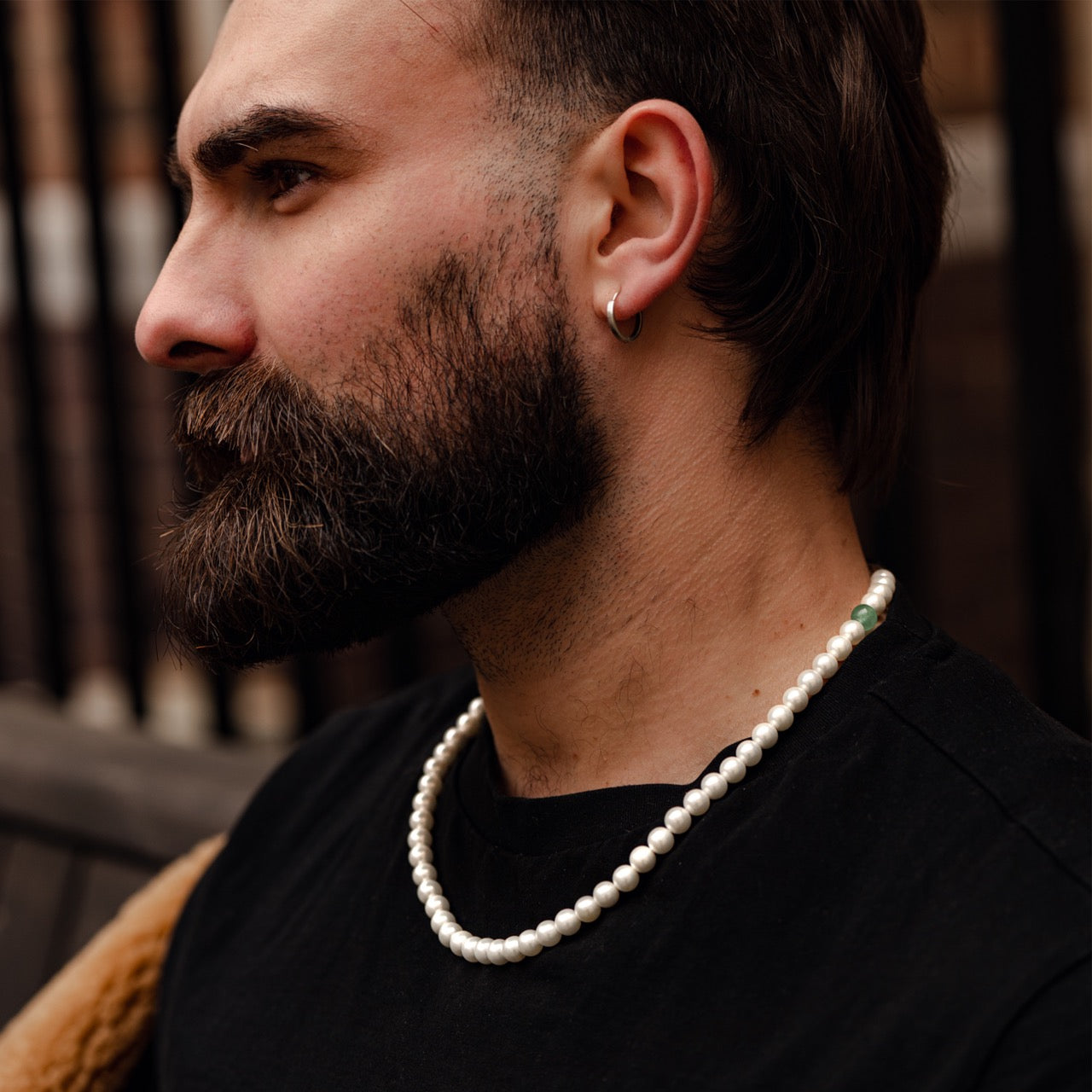 Mens 8mm pearl necklace with green aventurine beads on model 