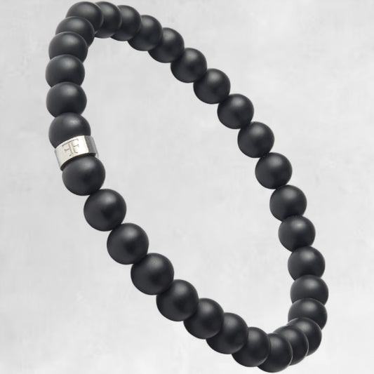 mens 6mm black and silver beaded stone bracelet 