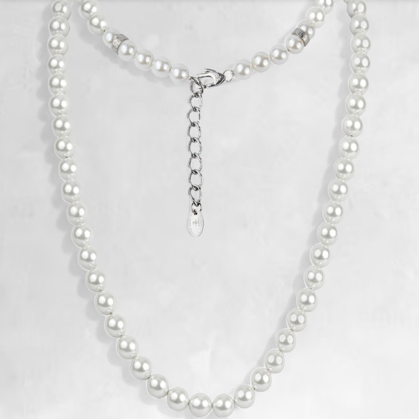 mens 8mm pearl necklace with silver accents