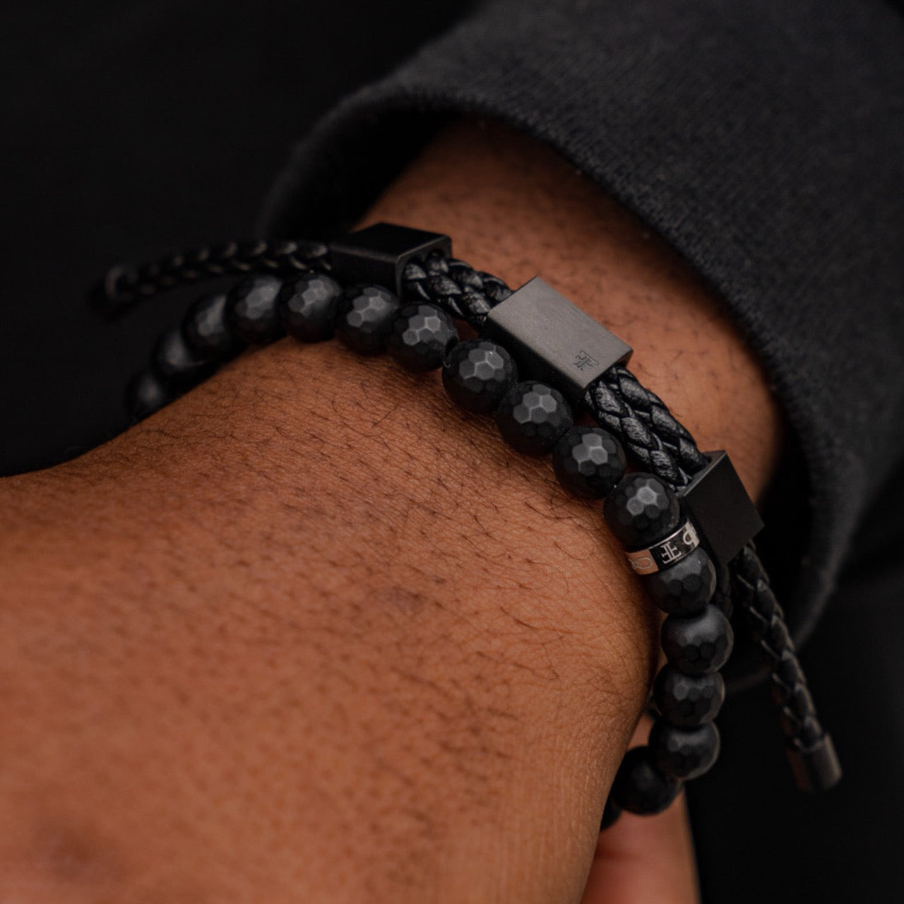 Mens triple black clasp leather bracelet and faceted bead bracelet