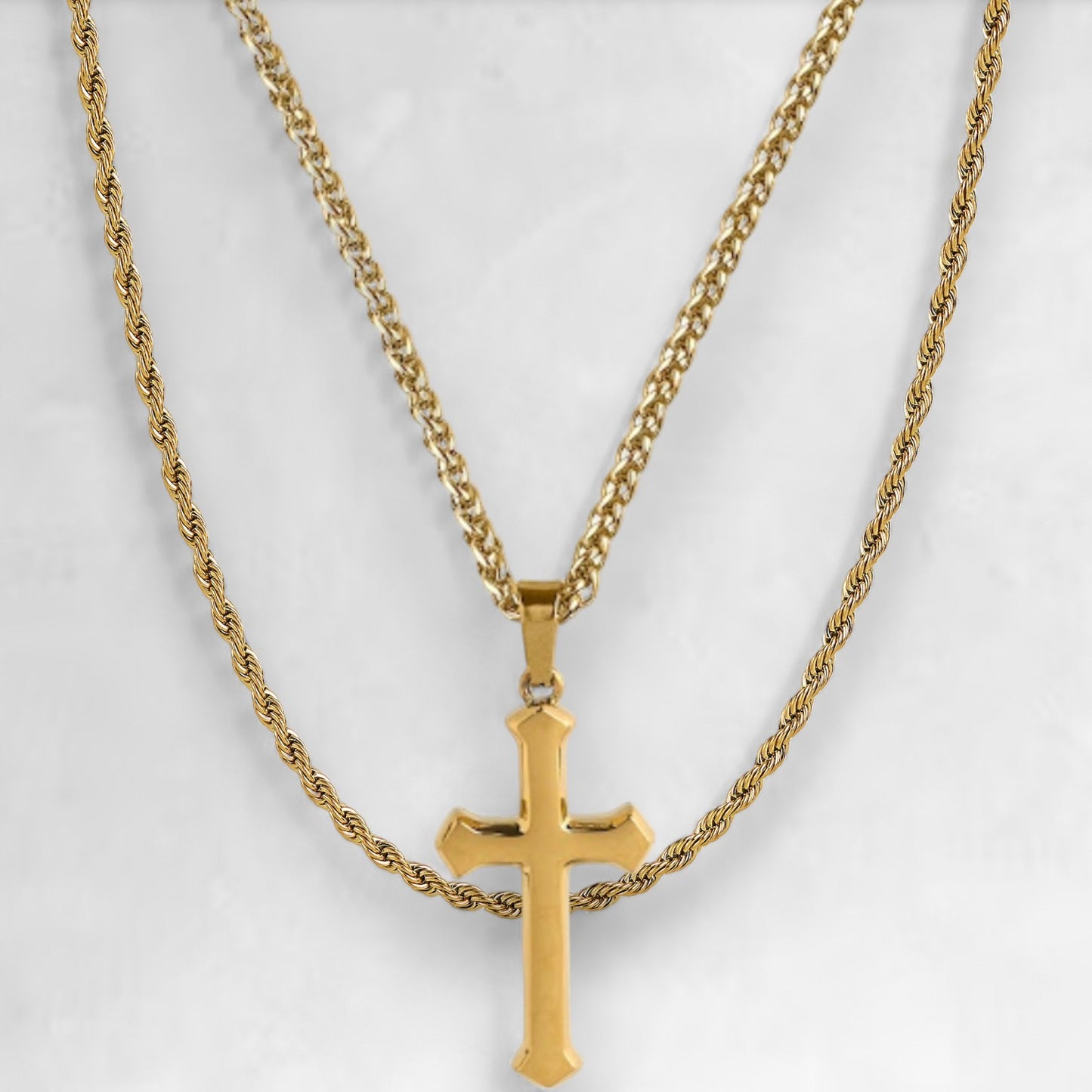 Mens gold stainless steel cross pendant with layering chain set