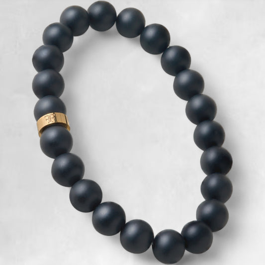 mens 8mm black and gold beaded stone bracelet 