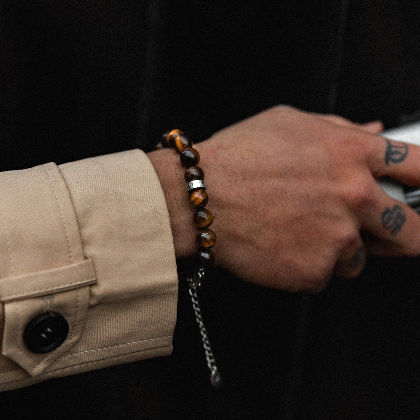 Men's 10mm tigers eye adjustable bead bracelet on model