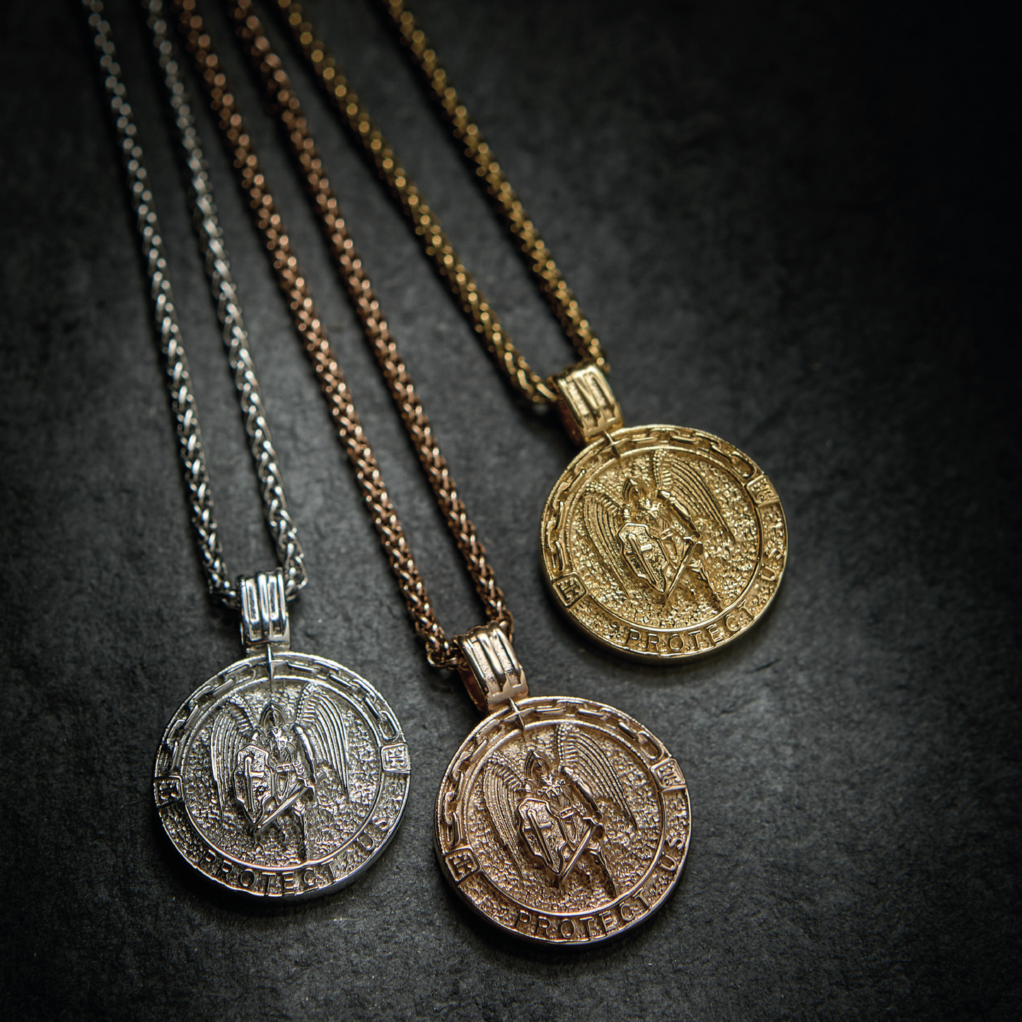 Men's silver, gold and rose gold St. Michael pendant necklace