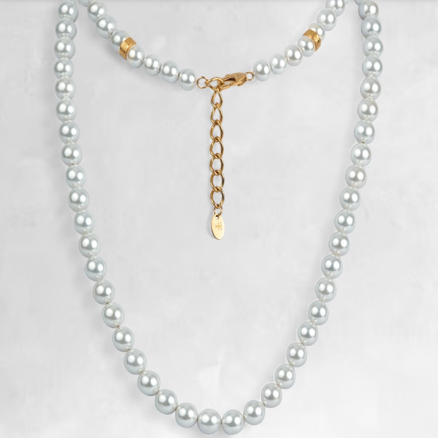 mens 8mm pearl necklace with gold accents