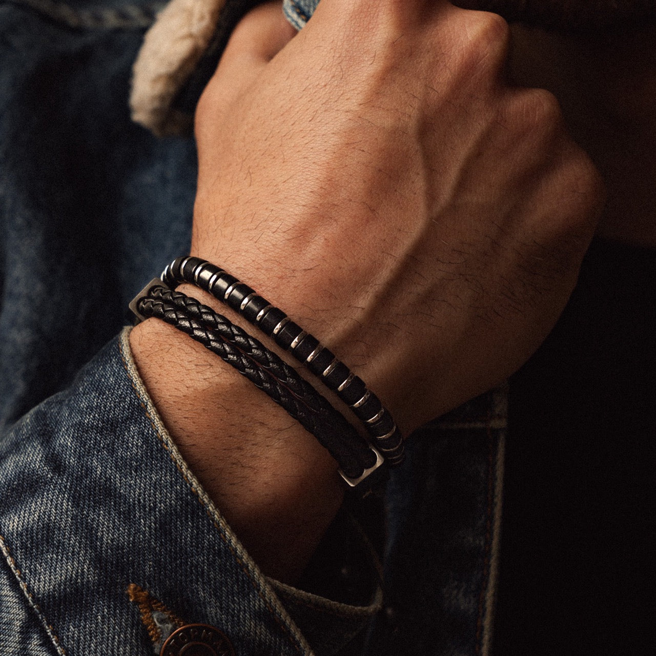 Men's black onyx and silver hematite 6mm bead bracelet