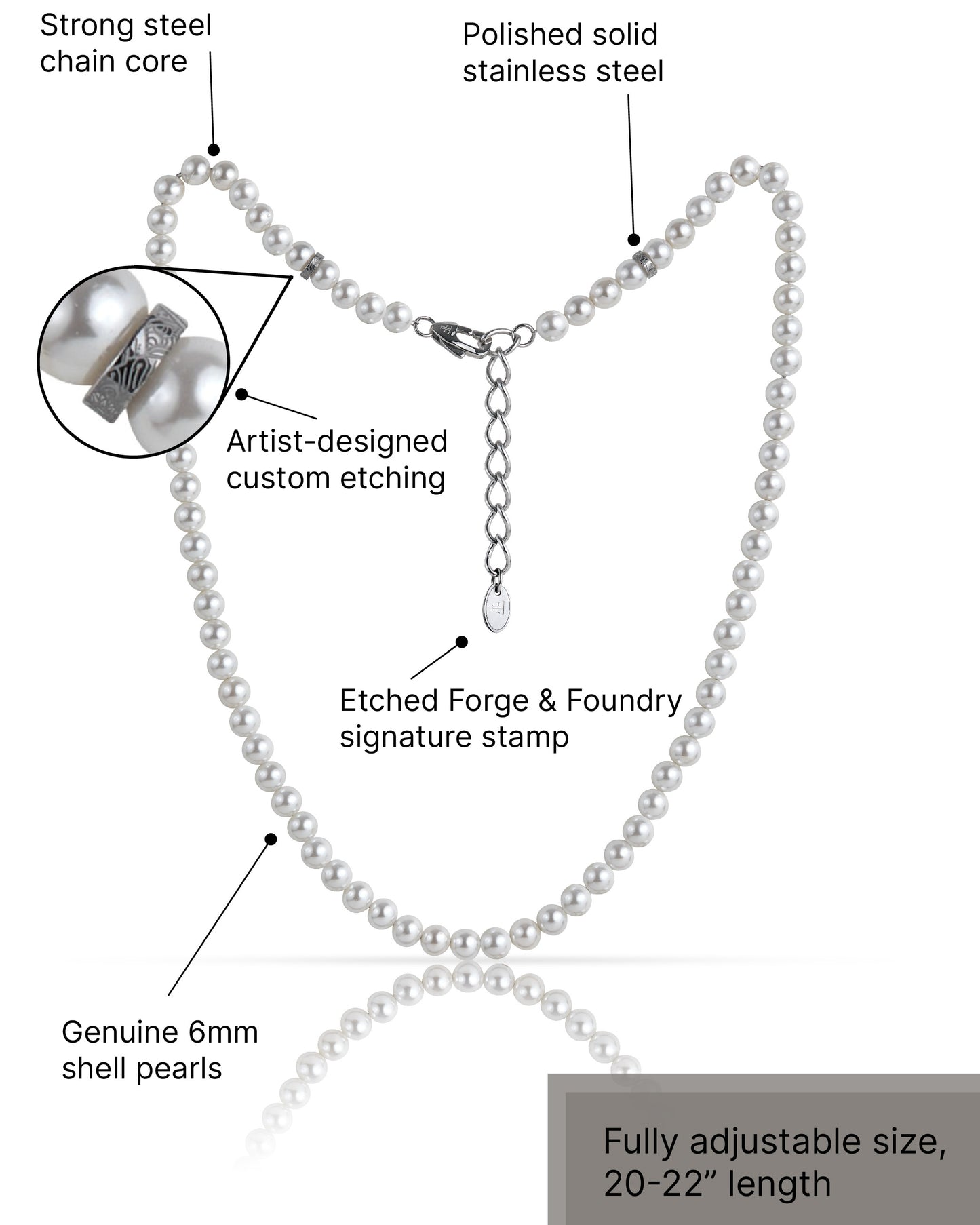mens pearl necklace with silver beads on model