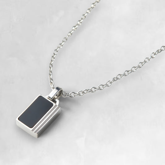 Men's minimalist silver onyx inlay pendant necklace