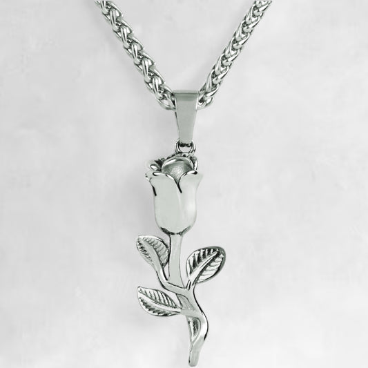 Men's silver rose pendant necklace