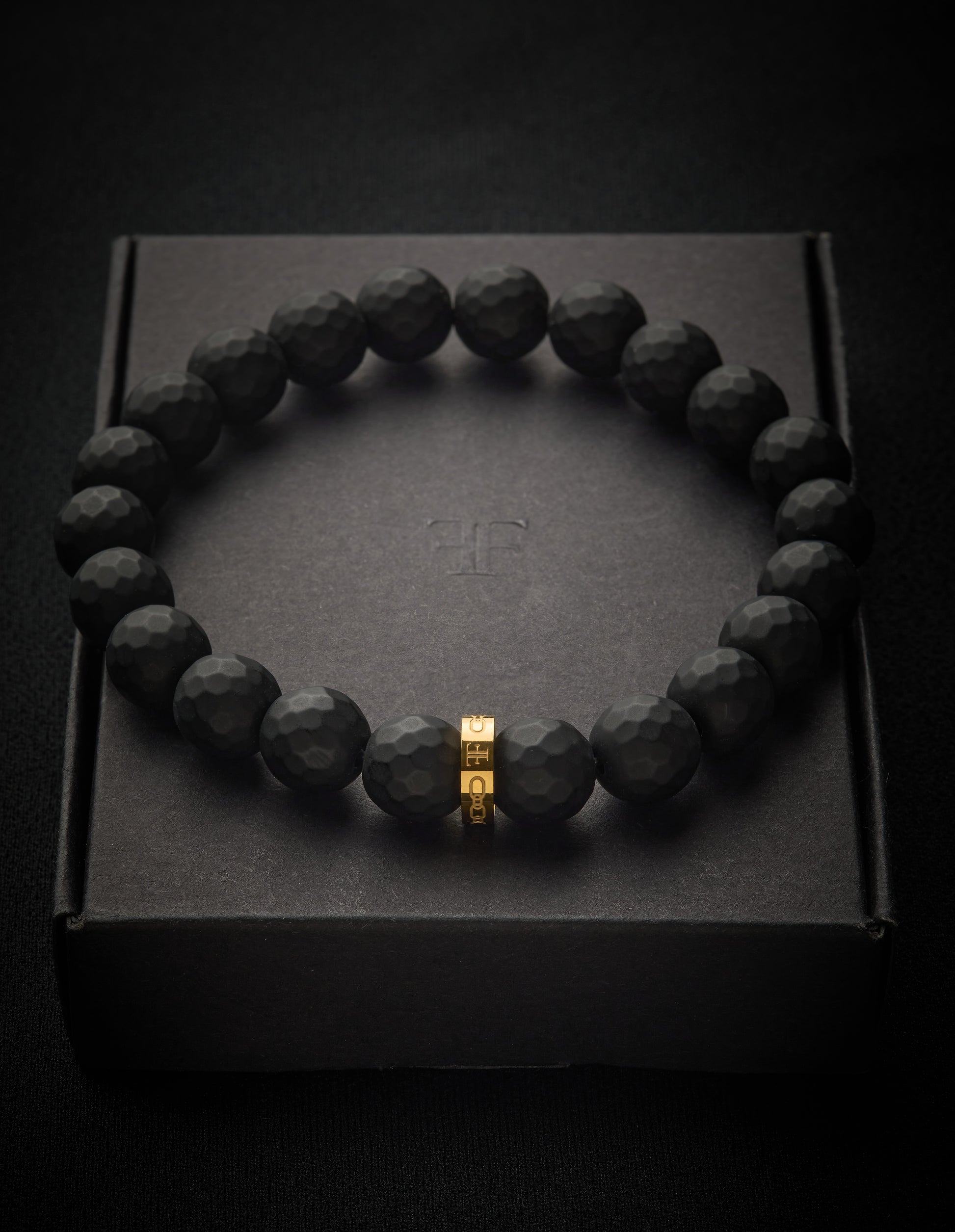 Men's Black Onyx Stone Bracelet with gold bead - packaging 