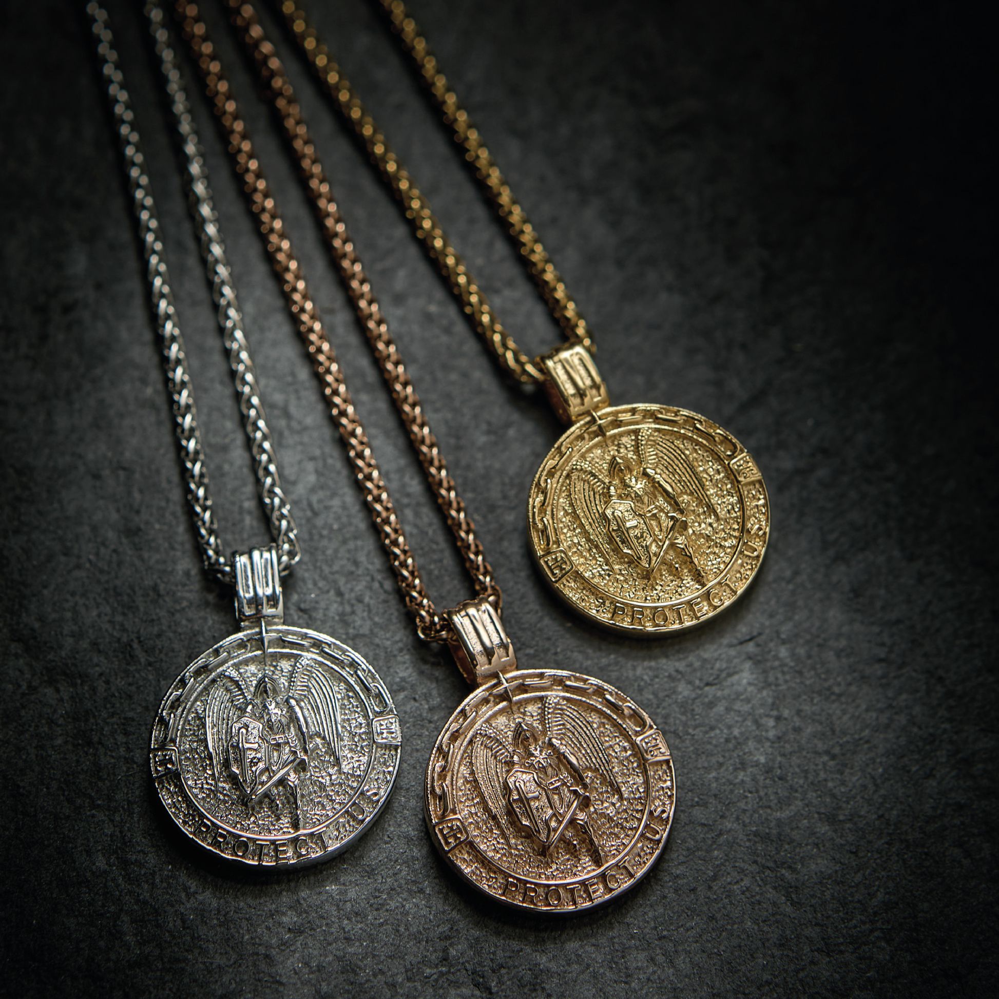 Men's silver, gold and rose gold St. Michael pendant necklaces