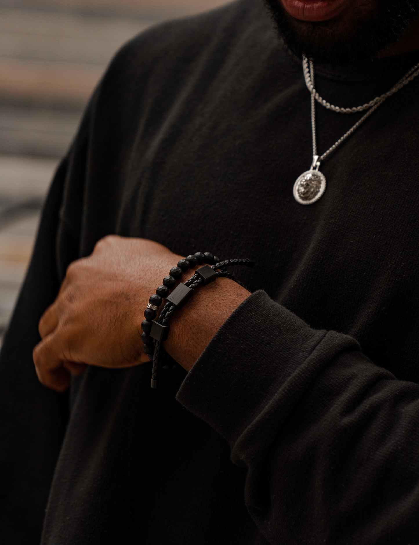 Triple Black Clasp Leather and Faceted Bead Collection