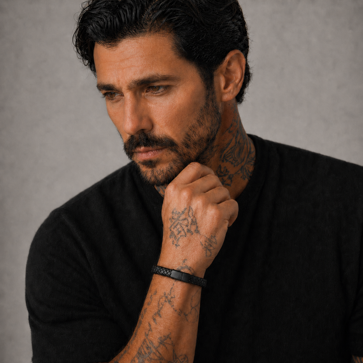 Mens leather bracelet on a male model
