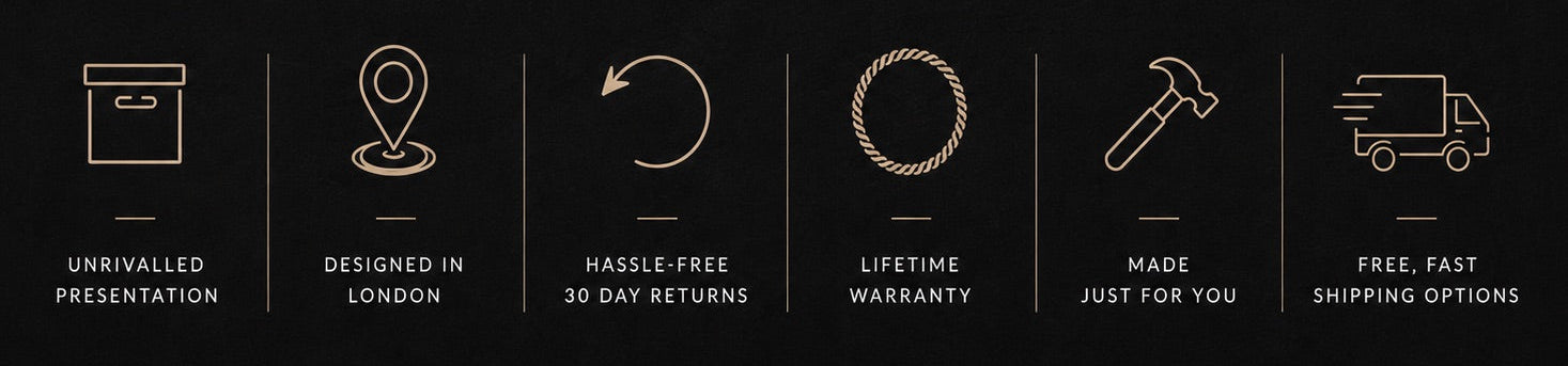 A black promotional banner with six thin gold icons and text describing shipping and service benefits: unrivalled presentation, designed in London, hassle-free 30 day returns, lifetime warranty, made just for you, and free, fast shipping options.