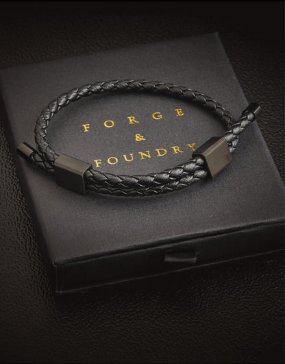 Engraved Black Leather and Double Clasp Leather Bracelet Collection