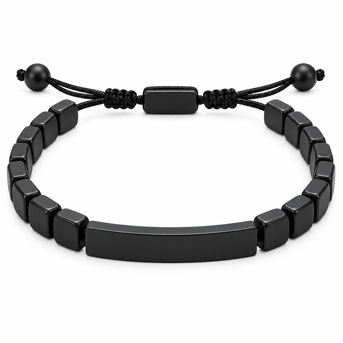 A black beaded bracelet with a central polished rectangular bar, black cord closure, and adjustable sliding beads on a white background.