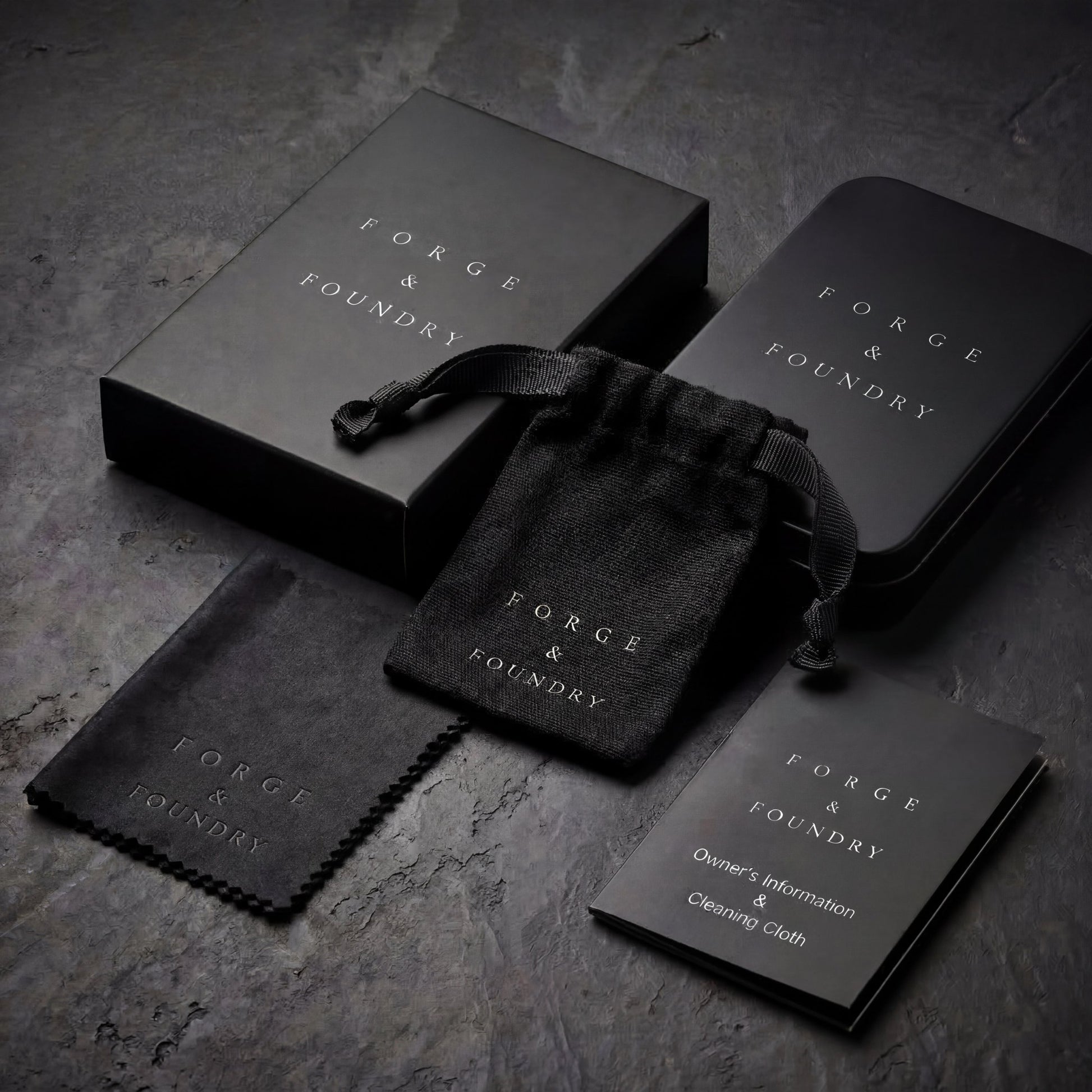Forge & Foundry product packaging set on a dark surface