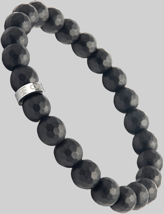 Mens black faceted black and silver onyx bead bracelet
