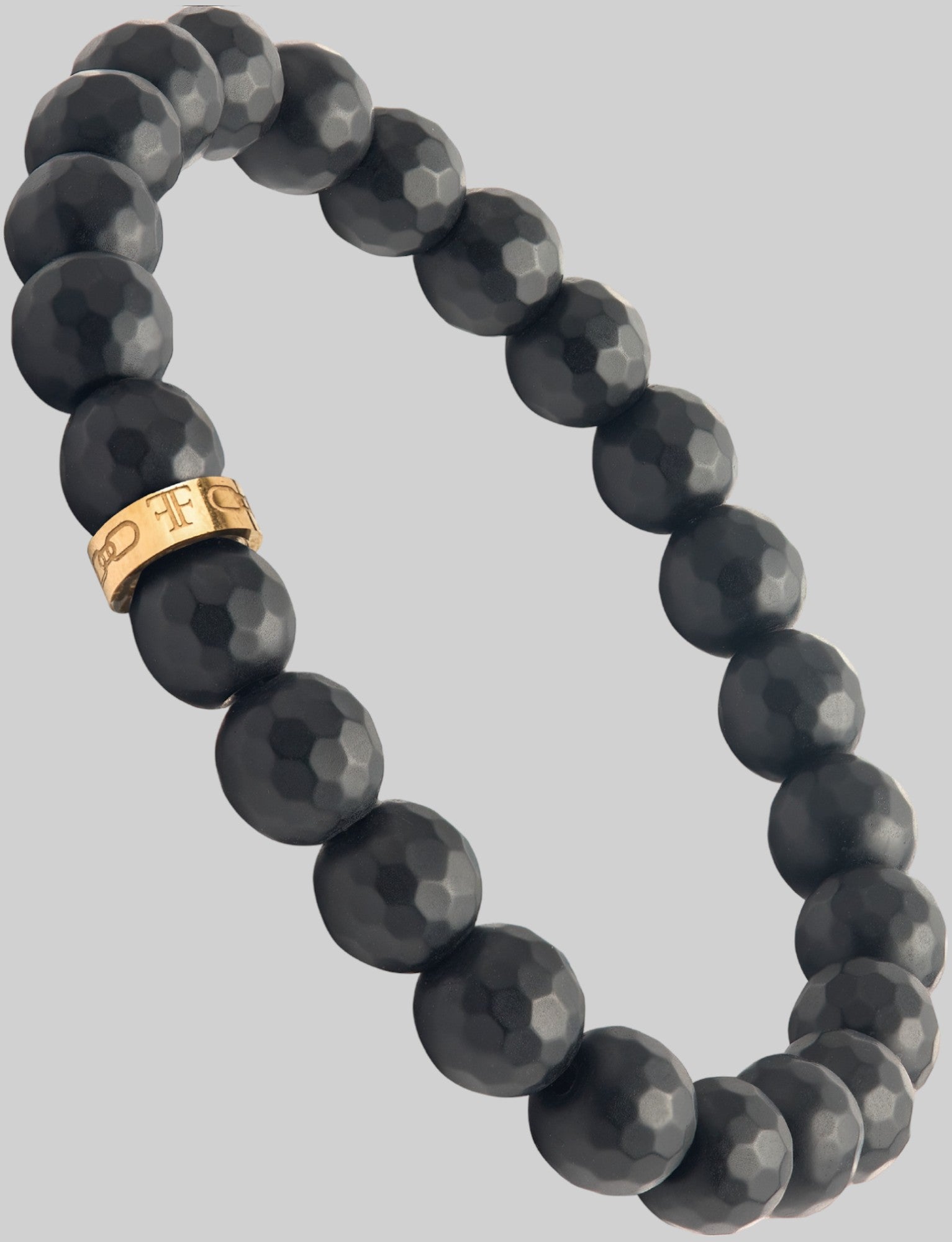 mens black faceted onyx bead stone bracelet with gold bead